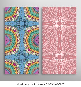 Vertical seamless patterns set, floral geometric lace texture for Wedding, Valentine's day, greeting card or Birthday Invitation. Decorative seamless doodle backgrounds. Ethnic ornament border pattern