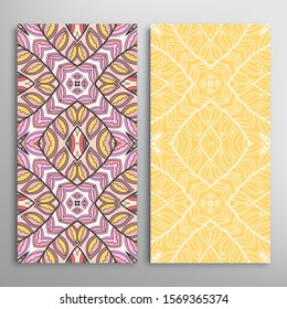 Vertical seamless patterns set, floral geometric lace texture for Wedding, Valentine's day, greeting card or Birthday Invitation. Decorative seamless doodle backgrounds. Ethnic ornament border pattern