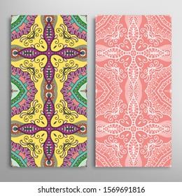 Vertical seamless patterns set, floral geometric lace texture for Wedding, Valentine's day, greeting card or Birthday Invitation. Decorative seamless doodle backgrounds. Ethnic ornament border pattern