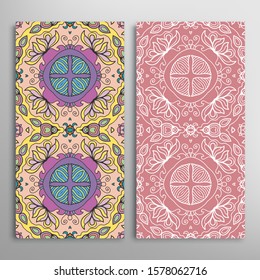 Vertical seamless patterns set, floral geometric lace texture for Wedding, Valentine's day, greeting card or Birthday Invitation. Decorative seamless doodle backgrounds. Ethnic ornament border pattern