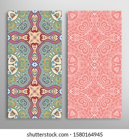 Vertical seamless patterns set, floral geometric lace texture for Wedding, Valentine's day, greeting card or Birthday Invitation. Decorative seamless doodle backgrounds. Ethnic ornament border pattern
