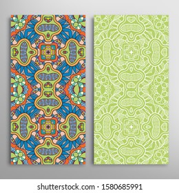 Vertical seamless patterns set, floral geometric lace texture for Wedding, Valentine's day, greeting card or Birthday Invitation. Decorative seamless doodle backgrounds. Ethnic ornament border pattern