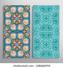 Vertical seamless patterns set, floral geometric lace texture for Wedding, Valentine's day, greeting card or Birthday Invitation. Decorative seamless doodle backgrounds. Ethnic ornament border pattern