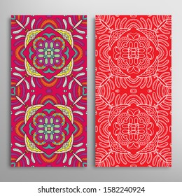 Vertical seamless patterns set, floral geometric lace texture for Wedding, Valentine's day, greeting card or Birthday Invitation. Decorative seamless doodle backgrounds. Ethnic ornament border pattern