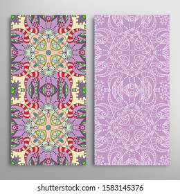 Vertical seamless patterns set, floral geometric lace texture for Wedding, Valentine's day, greeting card or Birthday Invitation. Decorative seamless doodle backgrounds. Ethnic ornament border pattern