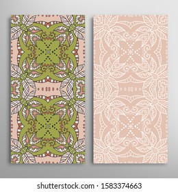Vertical seamless patterns set, floral geometric lace texture for Wedding, Valentine's day, greeting card or Birthday Invitation. Decorative seamless doodle backgrounds. Ethnic ornament border pattern