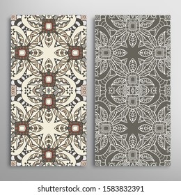 Vertical seamless patterns set, floral geometric lace texture for Wedding, Valentine's day, greeting card or Birthday Invitation. Decorative seamless doodle backgrounds. Ethnic ornament border pattern