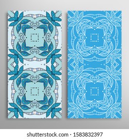 Vertical seamless patterns set, floral geometric lace texture for Wedding, Valentine's day, greeting card or Birthday Invitation. Decorative seamless doodle backgrounds. Ethnic ornament border pattern