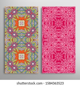 Vertical seamless patterns set, floral geometric lace texture for Wedding, Valentine's day, greeting card or Birthday Invitation. Decorative seamless doodle backgrounds. Ethnic ornament border pattern