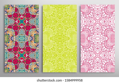 Vertical seamless patterns set, floral geometric doodle texture for Wedding, Valentine's day, greeting card, Birthday Invitation. Hand drawn decorative seamless ornamental backgrounds, lace border