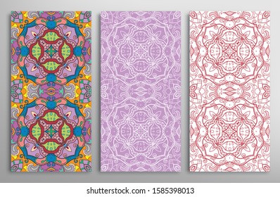 Vertical seamless patterns set, floral geometric doodle texture for Wedding, Valentine's day, greeting card, Birthday Invitation. Hand drawn decorative seamless ornamental backgrounds, lace border