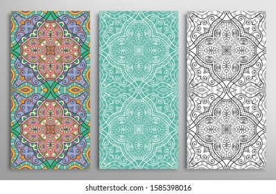Vertical seamless patterns set, floral geometric doodle texture for Wedding, Valentine's day, greeting card, Birthday Invitation. Hand drawn decorative seamless ornamental backgrounds, lace border