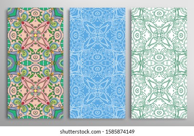 Vertical seamless patterns set, floral geometric doodle texture for Wedding, Valentine's day, greeting card, Birthday Invitation. Hand drawn decorative seamless ornamental backgrounds, lace border