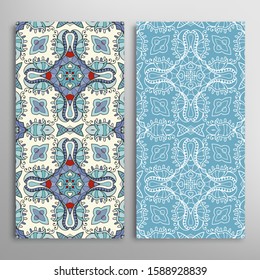 Vertical seamless patterns set, floral geometric lace texture for Wedding, Valentine's day, greeting card or Birthday Invitation. Decorative seamless doodle backgrounds. Ethnic ornament border pattern