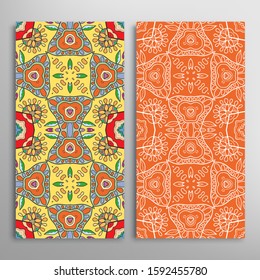 Vertical seamless patterns set, floral geometric lace texture for Wedding, Valentine's day, greeting card or Birthday Invitation. Decorative seamless doodle backgrounds. Ethnic ornament border pattern
