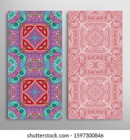 Vertical seamless patterns set, floral geometric lace texture for Wedding, Valentine's day, greeting card or Birthday Invitation. Decorative seamless doodle backgrounds. Ethnic ornament border pattern