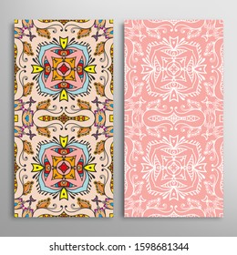 Vertical seamless patterns set, floral geometric lace texture for Wedding, Valentine's day, greeting card or Birthday Invitation. Decorative seamless doodle backgrounds. Ethnic ornament border pattern
