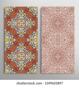 Vertical seamless patterns set, floral geometric lace texture for Wedding, Valentine's day, greeting card or Birthday Invitation. Decorative seamless doodle backgrounds. Ethnic ornament border pattern