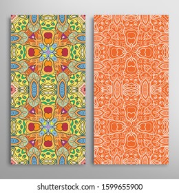 Vertical seamless patterns set, floral geometric lace texture for Wedding, Valentine's day, greeting card or Birthday Invitation. Decorative seamless doodle backgrounds. Ethnic ornament border pattern
