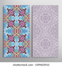 Vertical seamless patterns set, floral geometric lace texture for Wedding, Valentine's day, greeting card or Birthday Invitation. Decorative seamless doodle backgrounds. Ethnic ornament border pattern