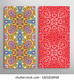 Vertical seamless patterns set, floral geometric lace texture for Wedding, Valentine's day, greeting card or Birthday Invitation. Decorative seamless doodle backgrounds. Ethnic ornament border pattern