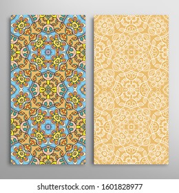 Vertical seamless patterns set, floral geometric lace texture for Wedding, Valentine's day, greeting card or Birthday Invitation. Decorative seamless doodle backgrounds. Ethnic ornament border pattern