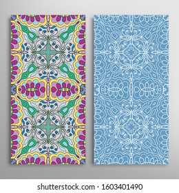 Vertical seamless patterns set, floral geometric lace texture for Wedding, Valentine's day, greeting card or Birthday Invitation. Decorative seamless doodle backgrounds. Ethnic ornament border pattern