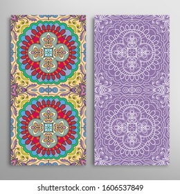 Vertical seamless patterns set, floral geometric lace texture for Wedding, Valentine's day, greeting card or Birthday Invitation. Decorative seamless doodle backgrounds. Ethnic ornament border pattern