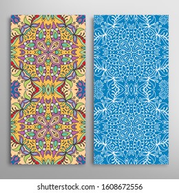 Vertical seamless patterns set, floral geometric lace texture for Wedding, Valentine's day, greeting card or Birthday Invitation. Decorative seamless doodle backgrounds. Ethnic ornament border pattern