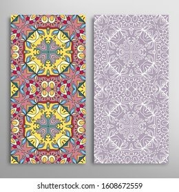 Vertical seamless patterns set, floral geometric lace texture for Wedding, Valentine's day, greeting card or Birthday Invitation. Decorative seamless doodle backgrounds. Ethnic ornament border pattern