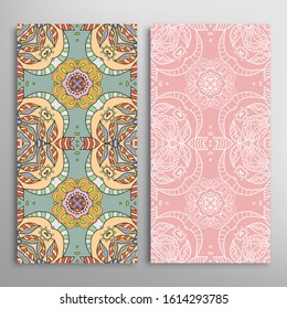 Vertical seamless patterns set, floral geometric lace texture for Wedding, Valentine's day, greeting card or Birthday Invitation. Decorative seamless doodle backgrounds. Ethnic ornament border pattern
