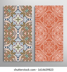 Vertical seamless patterns set, floral geometric lace texture for Wedding, Valentine's day, greeting card or Birthday Invitation. Decorative seamless doodle backgrounds. Ethnic ornament border pattern