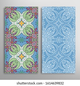 Vertical seamless patterns set, floral geometric lace texture for Wedding, Valentine's day, greeting card or Birthday Invitation. Decorative seamless doodle backgrounds. Ethnic ornament border pattern