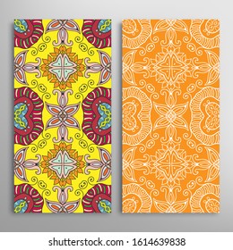Vertical seamless patterns set, floral geometric lace texture for Wedding, Valentine's day, greeting card or Birthday Invitation. Decorative seamless doodle backgrounds. Ethnic ornament border pattern