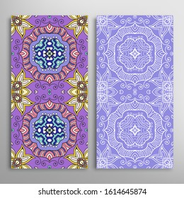 Vertical seamless patterns set, floral geometric lace texture for Wedding, Valentine's day, greeting card or Birthday Invitation. Decorative seamless doodle backgrounds. Ethnic ornament border pattern