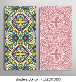 Vertical seamless patterns set, floral geometric lace texture for Wedding, Valentine's day, greeting card or Birthday Invitation. Decorative seamless doodle backgrounds. Ethnic ornament border pattern