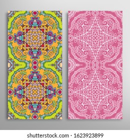 Vertical seamless patterns set, floral geometric lace texture for Wedding, Valentine's day, greeting card or Birthday Invitation. Decorative seamless doodle backgrounds. Ethnic ornament border pattern