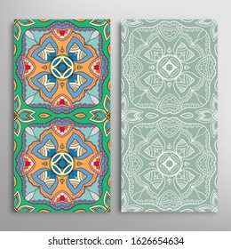 Vertical seamless patterns set, floral geometric lace texture for Wedding, Valentine's day, greeting card or Birthday Invitation. Decorative seamless doodle backgrounds. Ethnic ornament border pattern