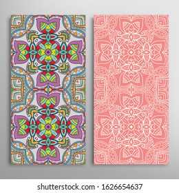 Vertical seamless patterns set, floral geometric lace texture for Wedding, Valentine's day, greeting card or Birthday Invitation. Decorative seamless doodle backgrounds. Ethnic ornament border pattern