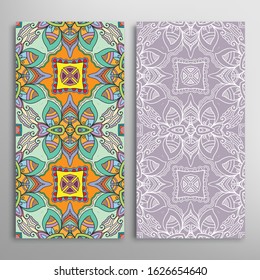 Vertical seamless patterns set, floral geometric lace texture for Wedding, Valentine's day, greeting card or Birthday Invitation. Decorative seamless doodle backgrounds. Ethnic ornament border pattern
