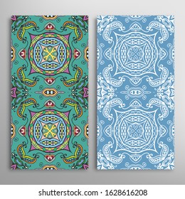 Vertical seamless patterns set, floral geometric lace texture for Wedding, Valentine's day, greeting card or Birthday Invitation. Decorative seamless doodle backgrounds. Ethnic ornament border pattern