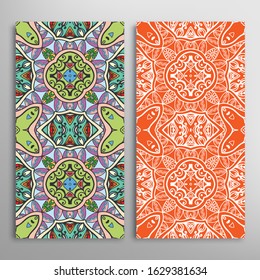 Vertical seamless patterns set, floral geometric lace texture for Wedding, Valentine's day, greeting card or Birthday Invitation. Decorative seamless doodle backgrounds. Ethnic ornament border pattern