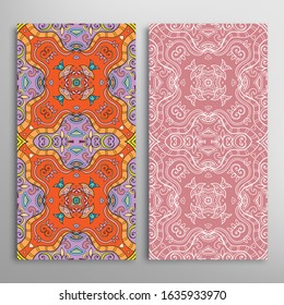 Vertical seamless patterns set, floral geometric lace texture for Wedding, Valentine's day, greeting card or Birthday Invitation. Decorative seamless doodle backgrounds. Ethnic ornament border pattern