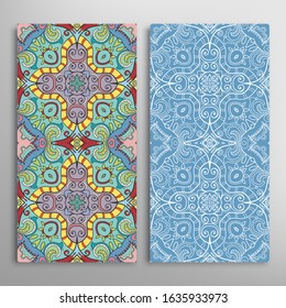 Vertical seamless patterns set, floral geometric lace texture for Wedding, Valentine's day, greeting card or Birthday Invitation. Decorative seamless doodle backgrounds. Ethnic ornament border pattern