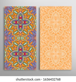 Vertical seamless patterns set, floral geometric lace texture for Wedding, Valentine's day, greeting card or Birthday Invitation. Decorative seamless doodle backgrounds. Ethnic ornament border pattern