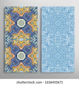 Vertical seamless patterns set, floral geometric lace texture for Wedding, Valentine's day, greeting card or Birthday Invitation. Decorative seamless doodle backgrounds. Ethnic ornament border pattern