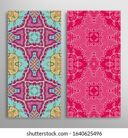 Vertical seamless patterns set, floral geometric lace texture for Wedding, Valentine's day, greeting card or Birthday Invitation. Decorative seamless doodle backgrounds. Ethnic ornament border pattern