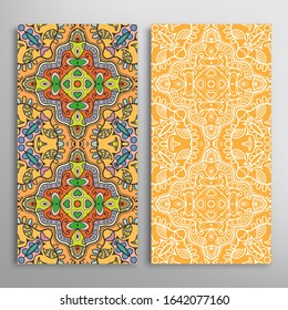 Vertical seamless patterns set, floral geometric lace texture for Wedding, Valentine's day, greeting card or Birthday Invitation. Decorative seamless doodle backgrounds. Ethnic ornament border pattern