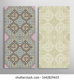 Vertical seamless patterns set, floral geometric lace texture for Wedding, Valentine's day, greeting card or Birthday Invitation. Decorative seamless doodle backgrounds. Ethnic ornament border pattern