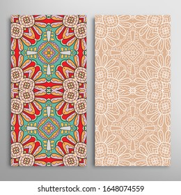 Vertical seamless patterns set, floral geometric lace texture for Wedding, Valentine's day, greeting card or Birthday Invitation. Decorative seamless doodle backgrounds. Ethnic ornament border pattern